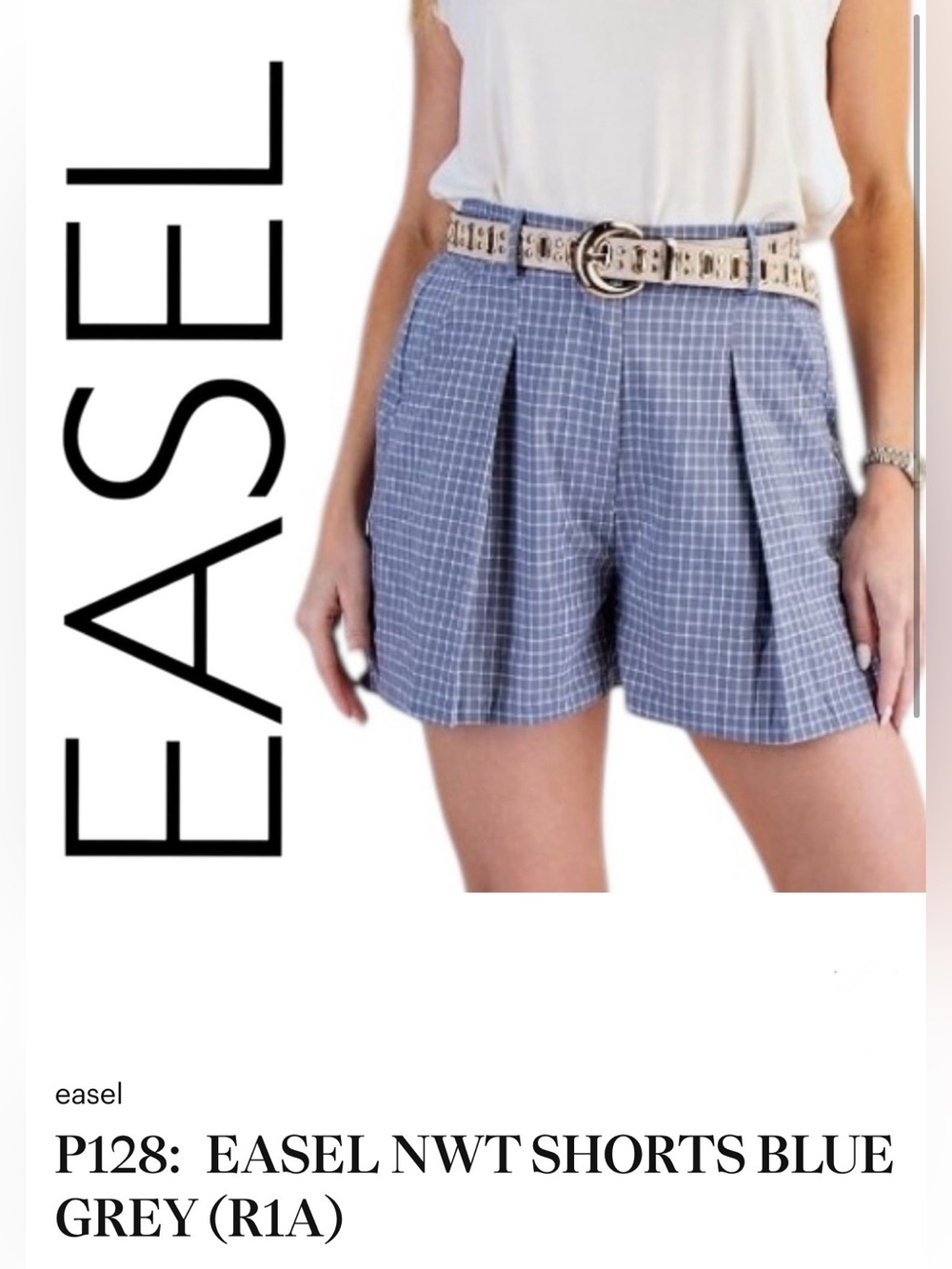 easel Blue-Grey Windowpane Pleated High-Waist Shorts_NWT_ Sz M